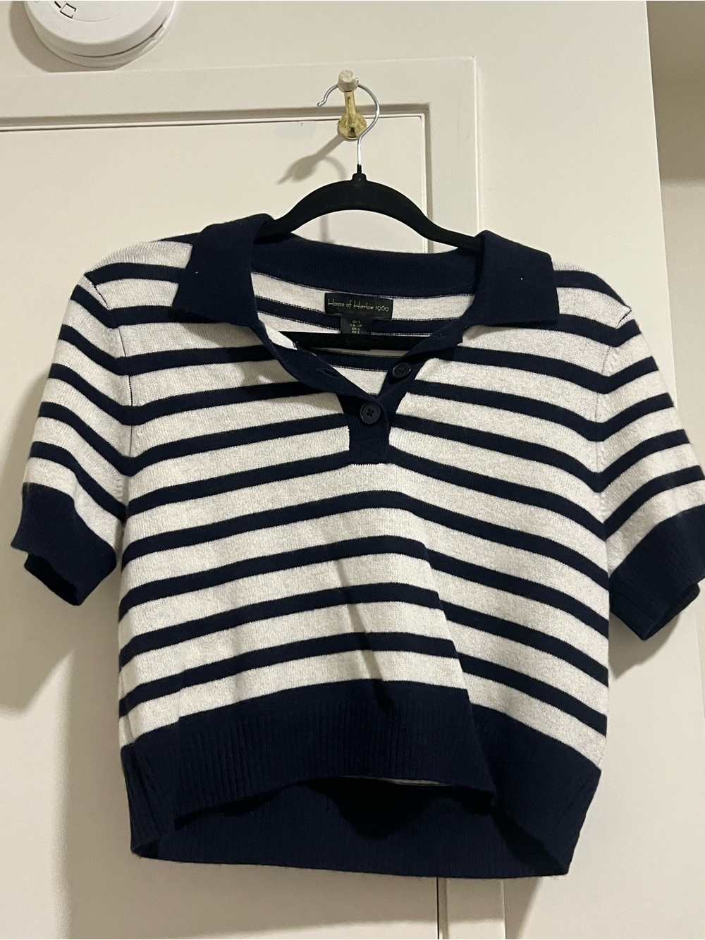 House of Harlow 1960 Navy and White Striped V‑Neck Polo Top